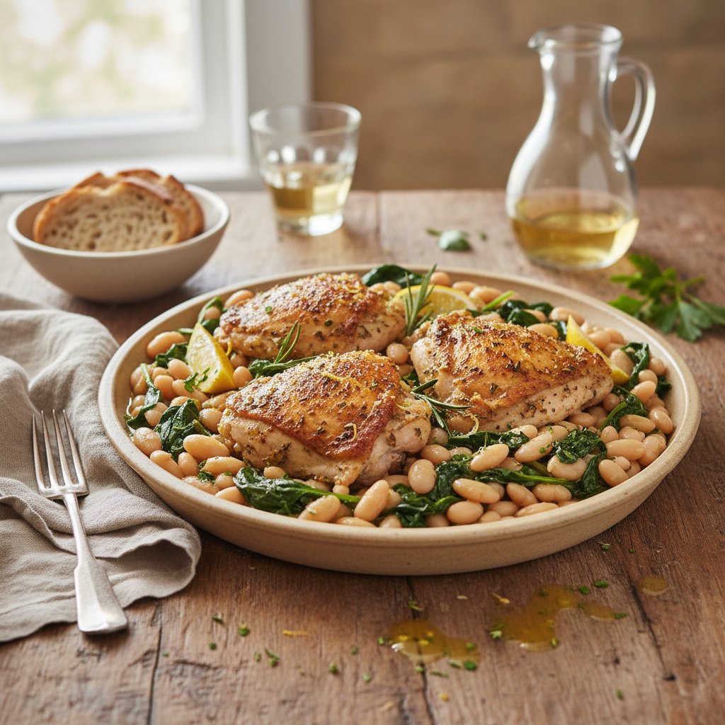 Tuscan Lemon Herb Chicken with White Beans and Wilted Spinach