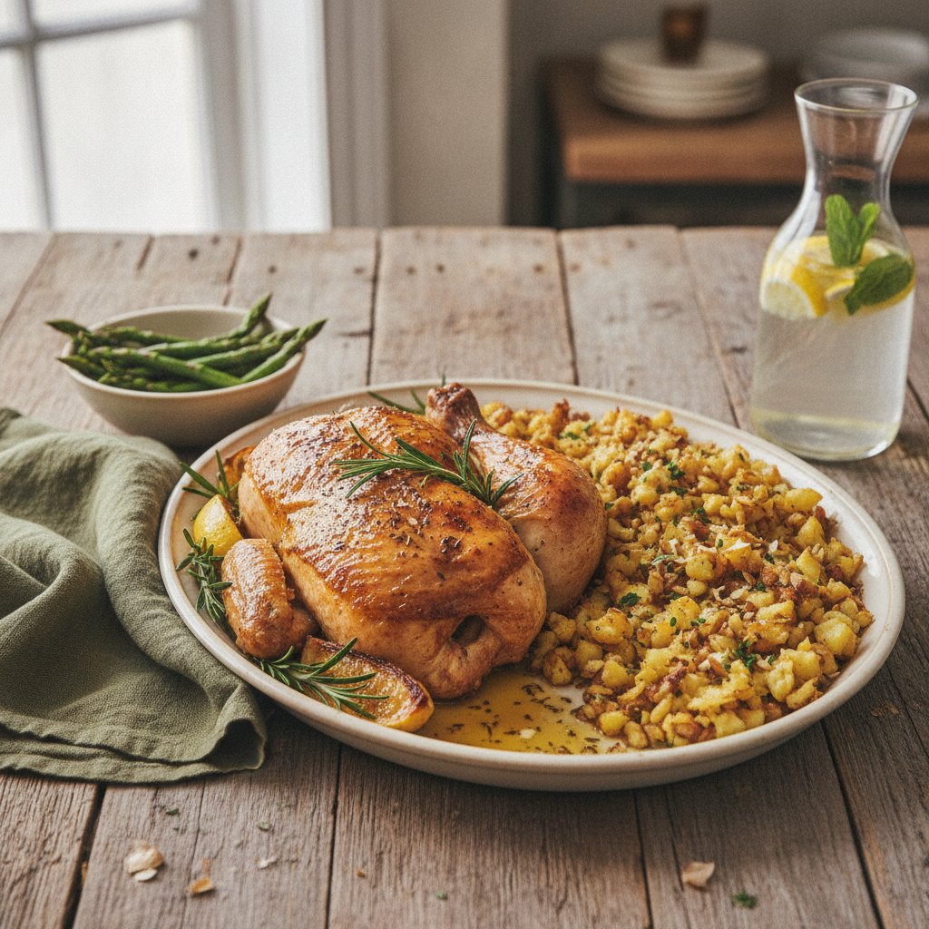 Tuscan Lemon Herb Roast Chicken with Garlic Smashed Potatoes