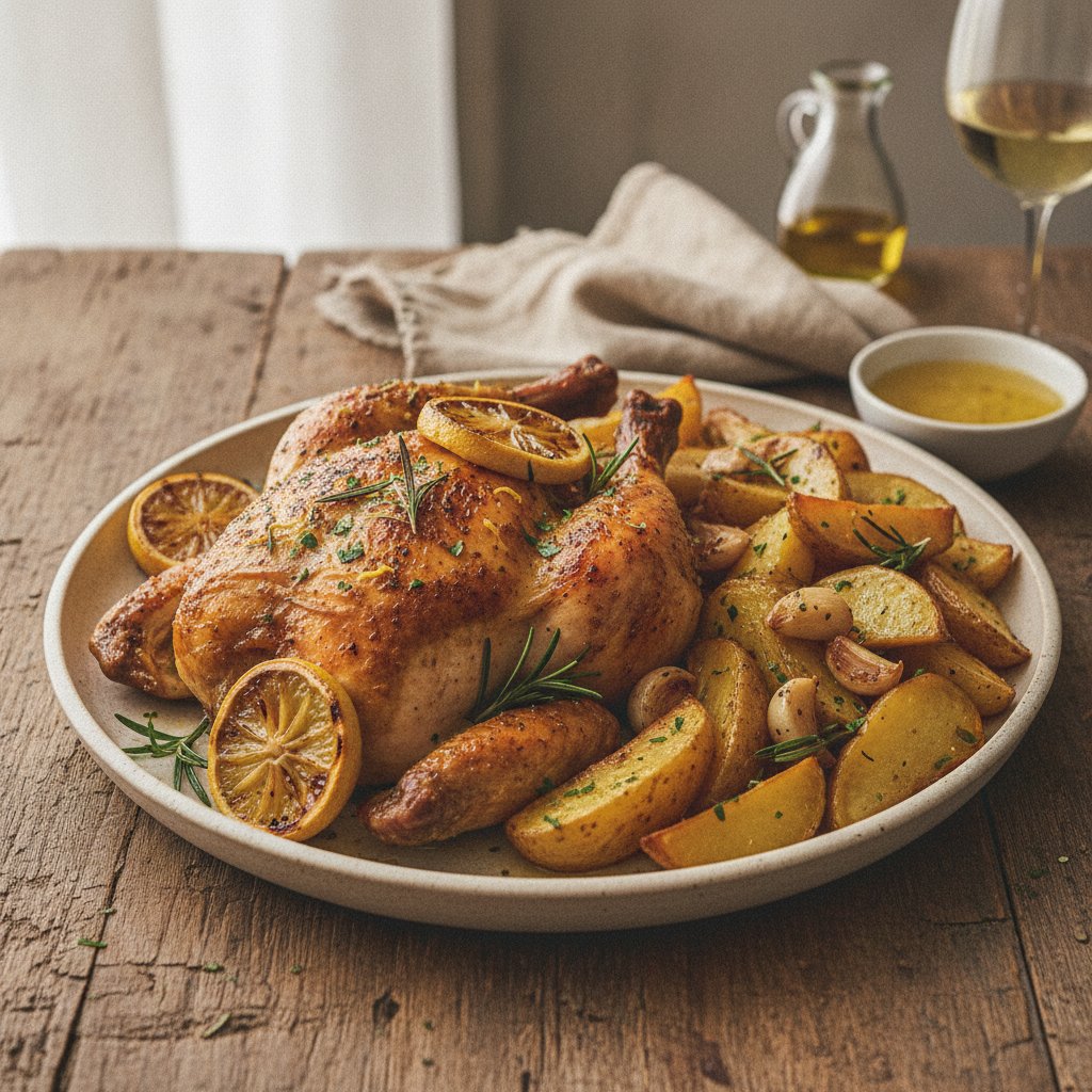 Tuscan Lemon Rosemary Roast Chicken with Roasted Garlic Potatoes