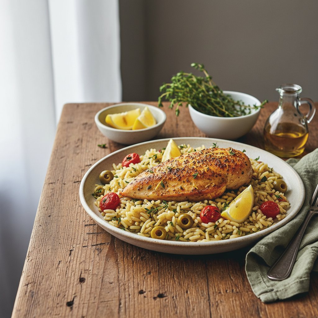 Tuscan Lemon Thyme Chicken with Herbed Orzo