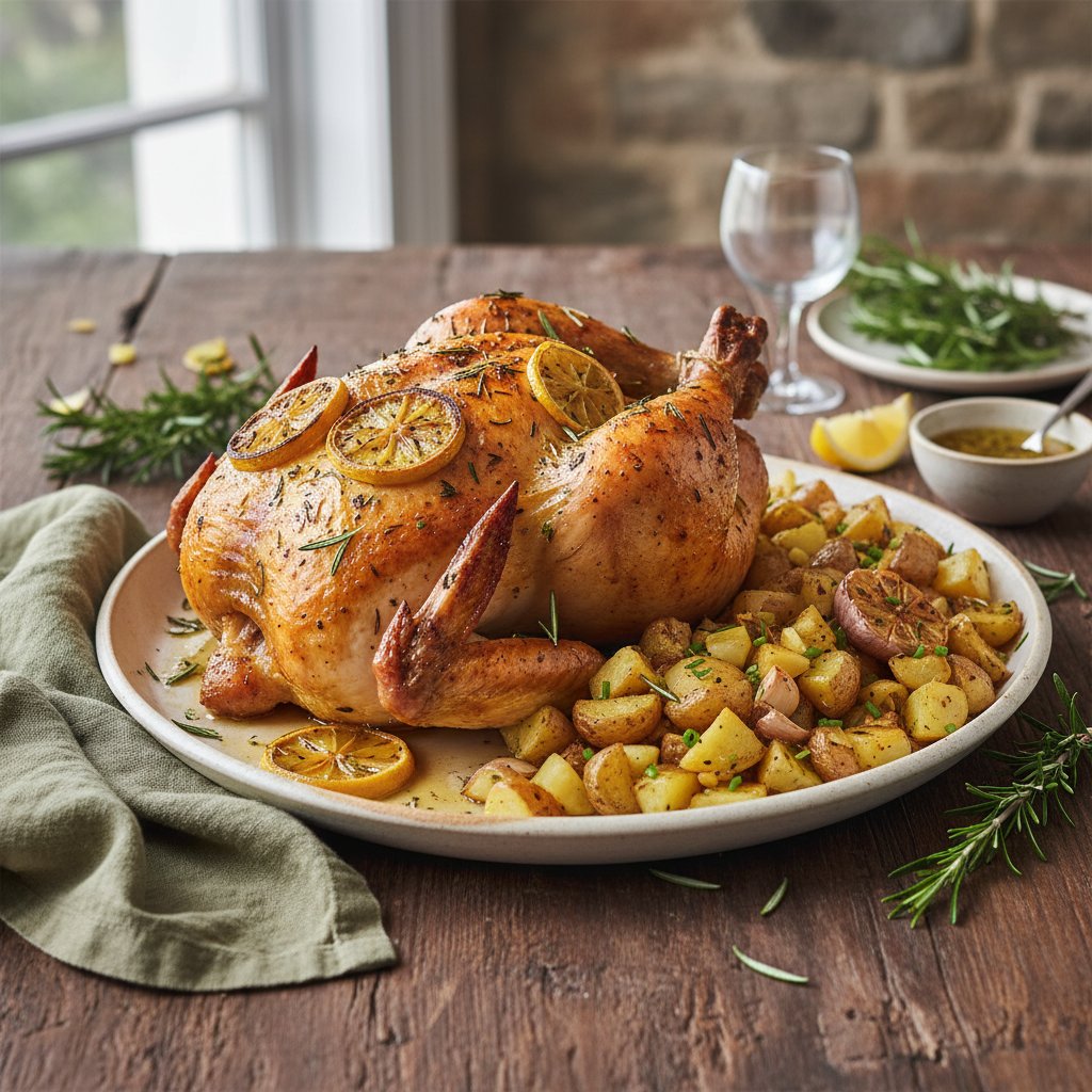 Tuscan Rosemary and Lemon Roast Chicken with Garlic Smashed Potatoes