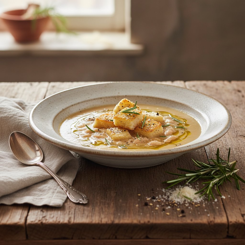 Tuscan White Bean and Rosemary Soup with Parmesan Croutons