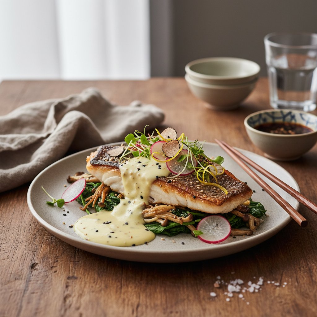 Umami-Infused Miso Sea Bass with Truffle Yuzu Emulsion