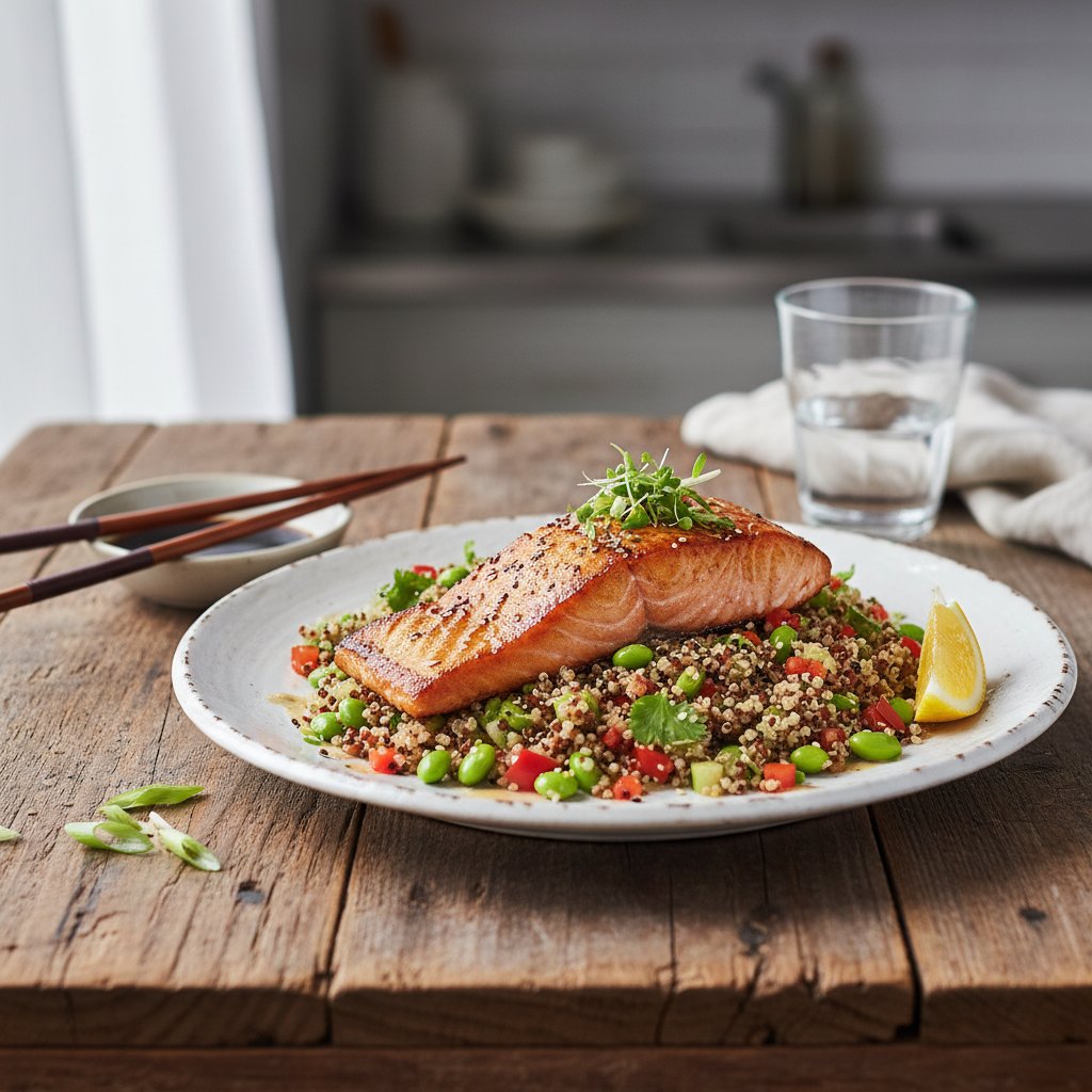 Umami Seared Miso-Mirin Salmon with Edamame Quinoa Salad