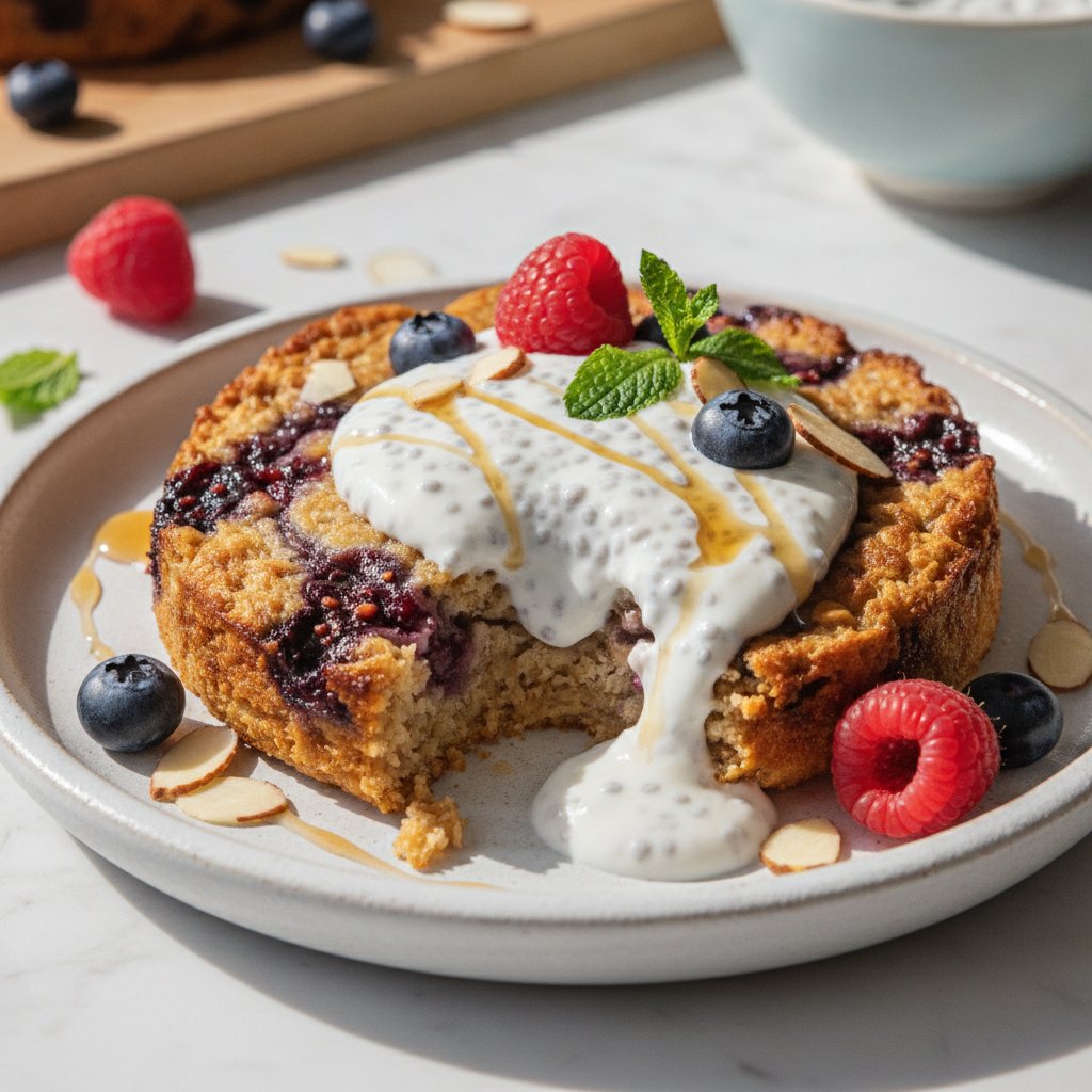 Vanilla Almond Berry Swirl Baked Oats with Chia Seed Yogurt