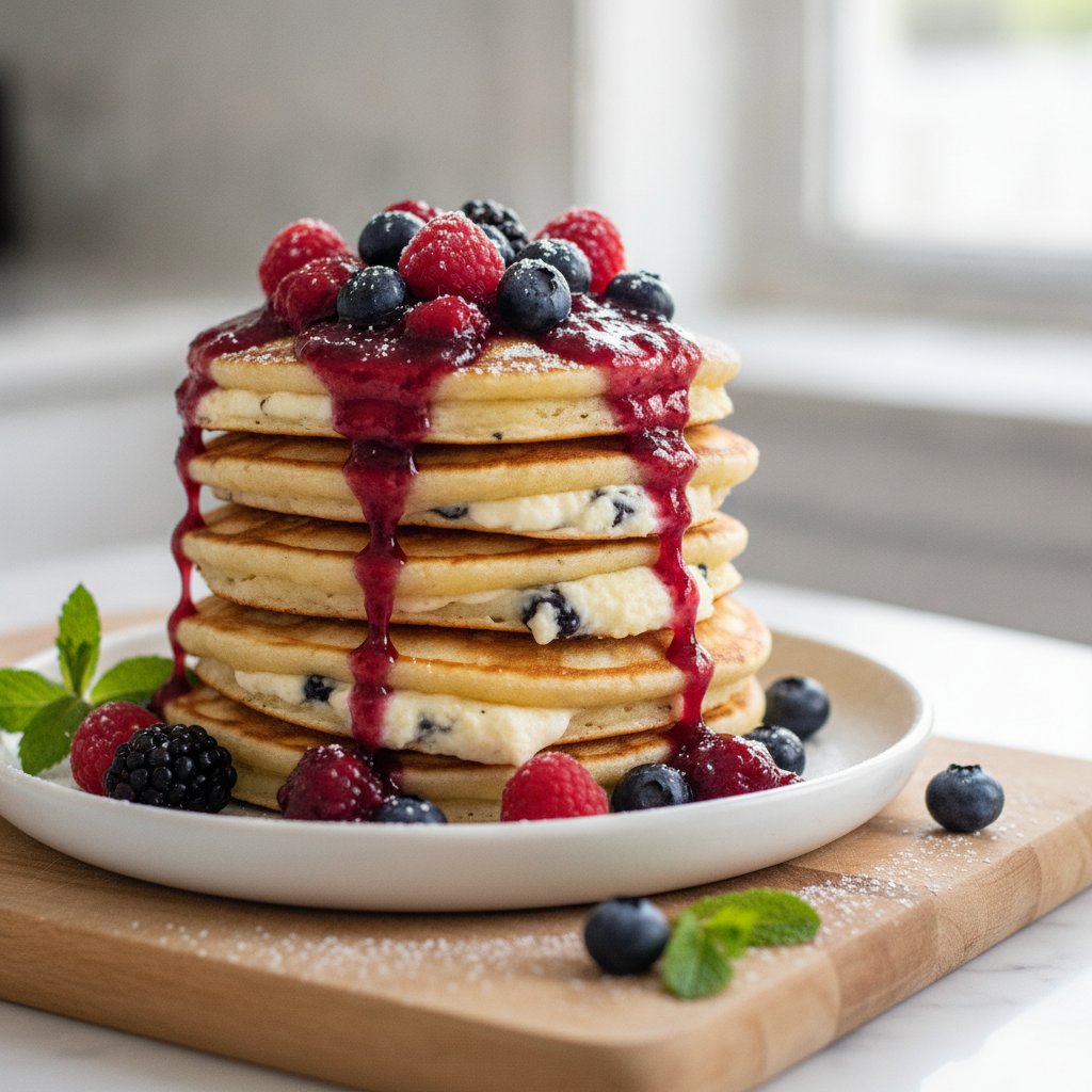 Vanilla Bean and Berry Cottage Cheese Swirl Pancakes