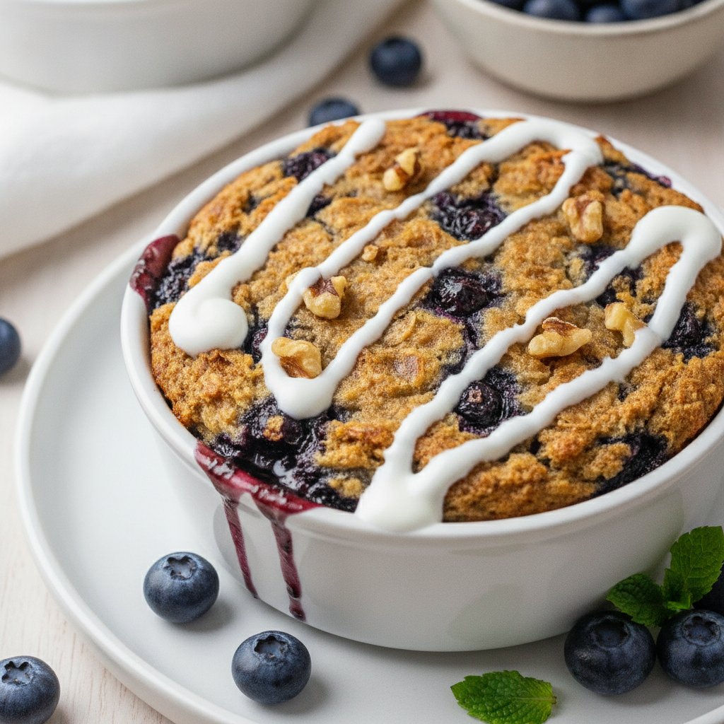 Vanilla Blueberry Swirl Baked Oats with Walnuts and Greek Yogurt Drizzle