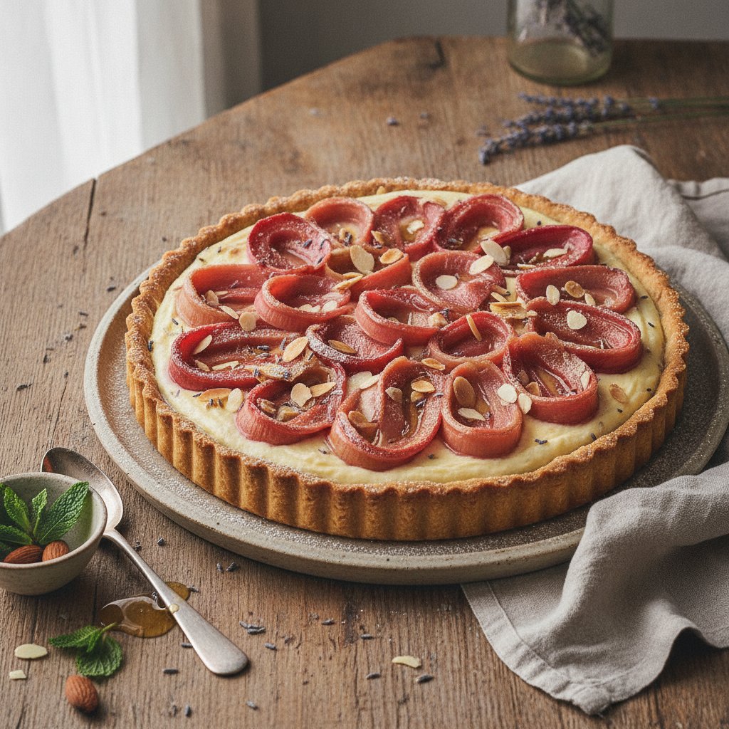 Vanilla Lavender Almond Tart with Honeyed Rhubarb