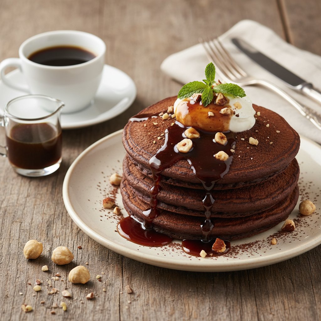 Velvety Chocolate Hazelnut Pancakes with Espresso Maple Syrup