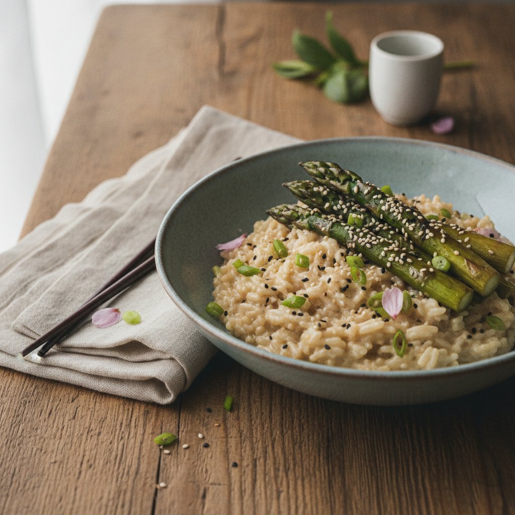 Velvety Japanese Miso-Infused Risotto with Sesame-Glazed Asparagus