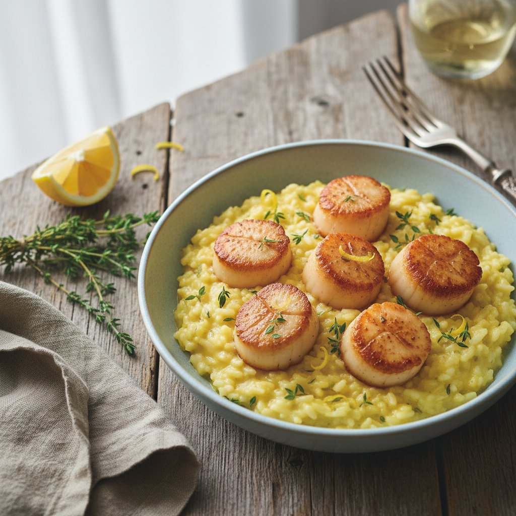 Velvety Lemon Thyme Risotto with Pan-Seared Scallops