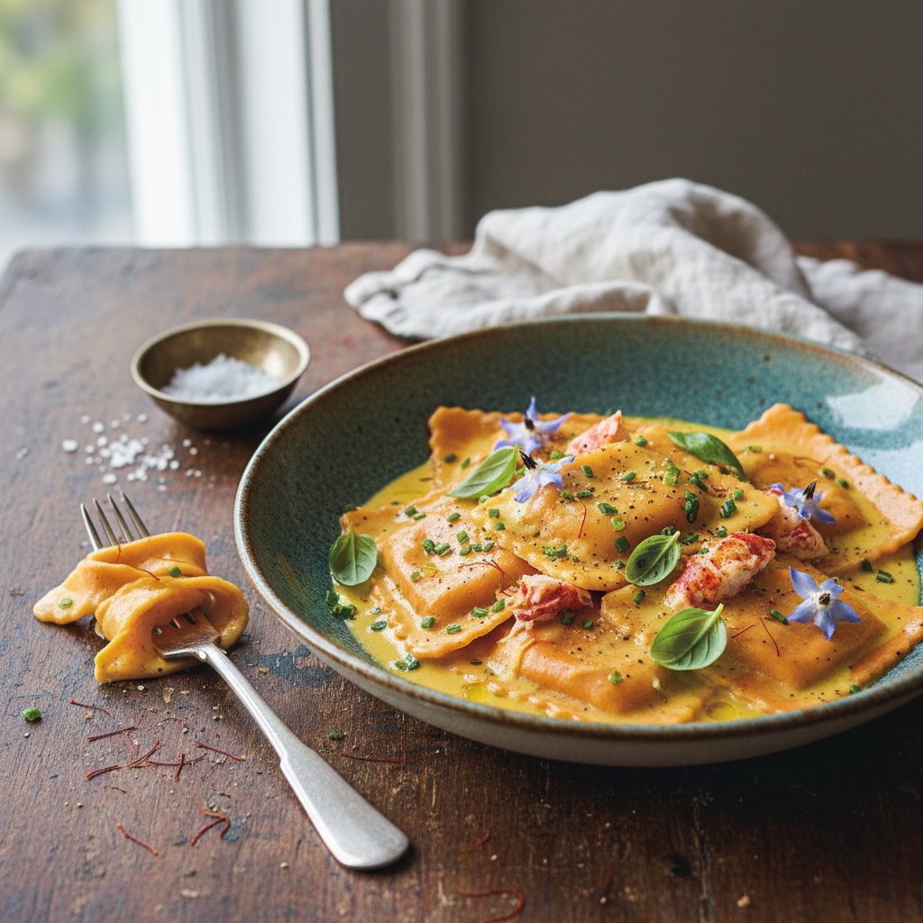 Velvety Lobster Ravioli with Saffron Cream Sauce