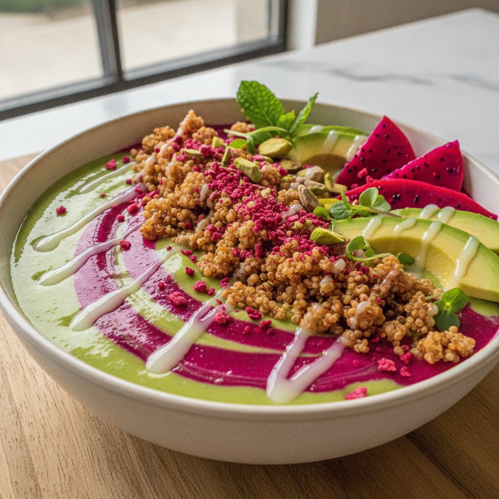 Vibrant Dragon Fruit & Avocado Smoothie Bowl with Crunchy Quinoa Clusters