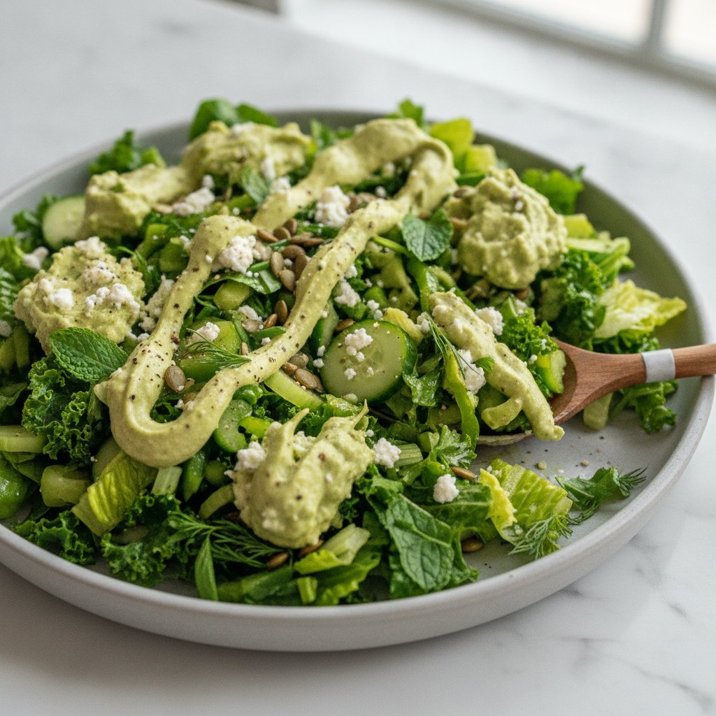 Vibrant Green Goddess Chopped Salad with Avocado-Feta Whipped Dressing