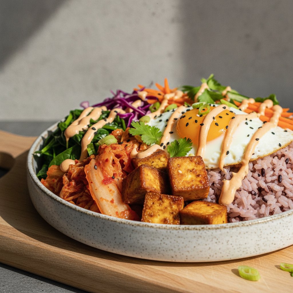 Vibrant Kimchi & Spiced Tofu Bibimbap with Sriracha-Lime Yogurt Drizzle