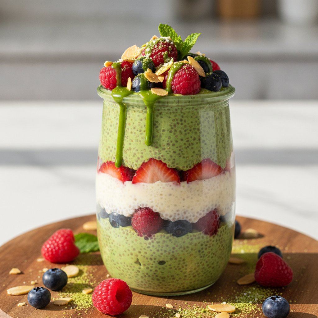Vibrant Matcha Chia Pudding Parfait with Fresh Berries and Toasted Almonds