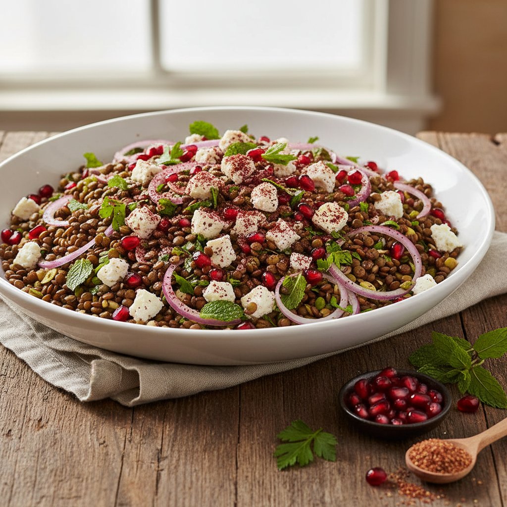 Vibrant Middle Eastern Lentil and Feta Salad with Sumac and Pomegranate
