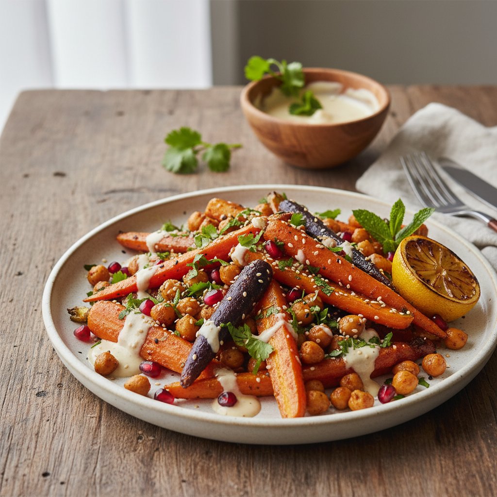 Vibrant Roasted Harissa Carrot and Chickpea Salad with Tahini Dressing