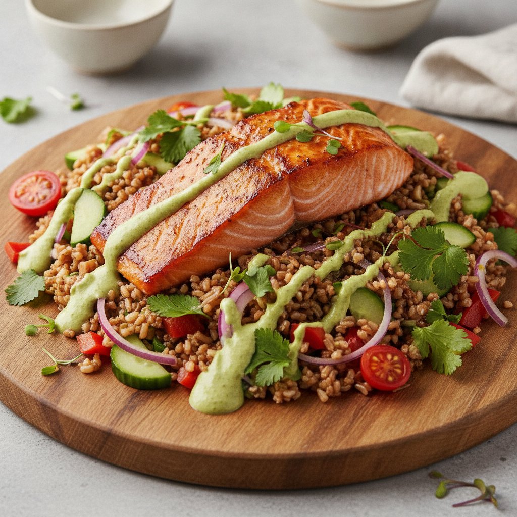 Vibrant Salmon & Brown Rice Salad with Spicy Avocado-Yogurt Dressing