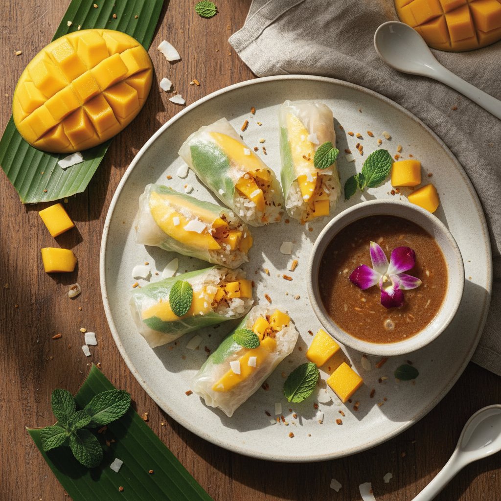 Vibrant Thai Mango and Sticky Rice Spring Rolls