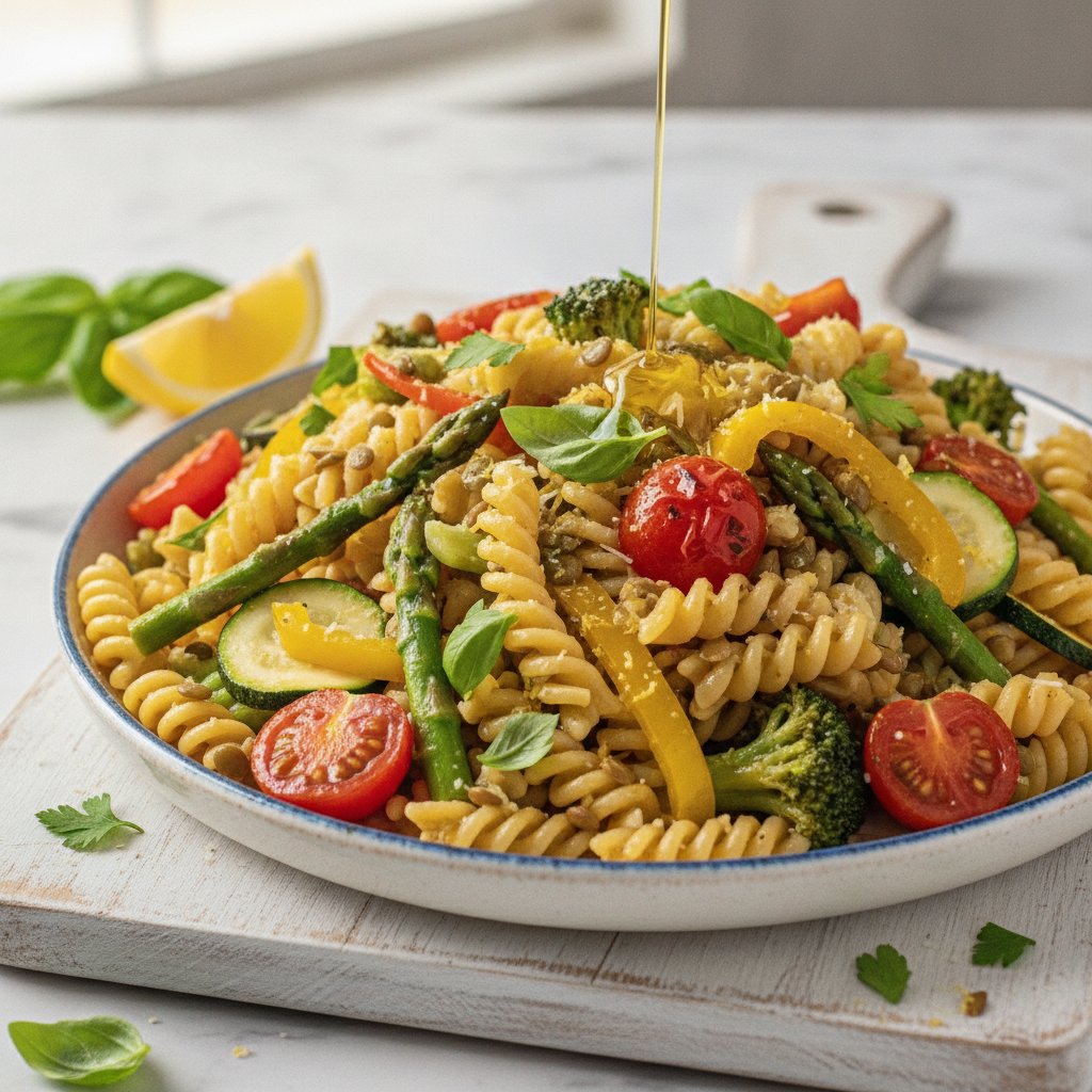 Vibrant Veggie and Lentil Pasta Primavera with Lemon-Parmesan Essence