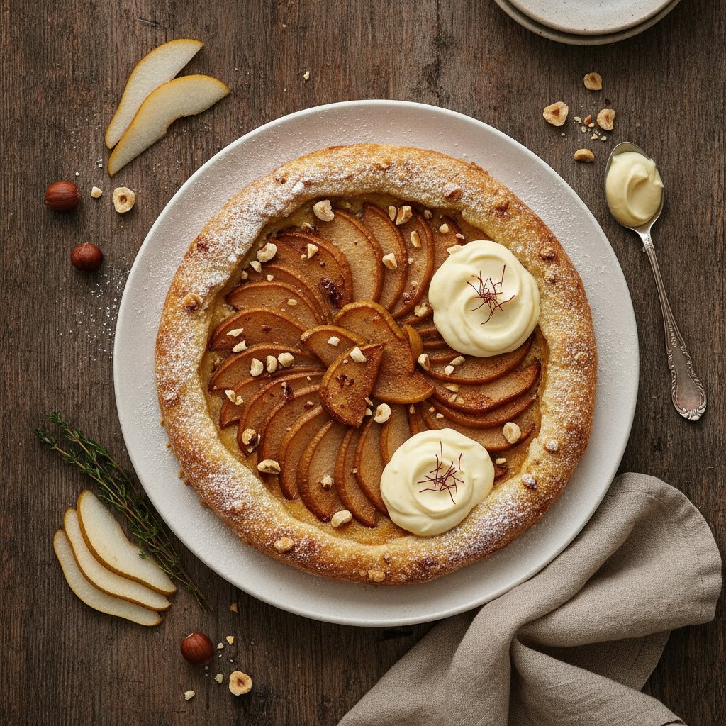 Warm Hazelnut Pear Tarte with Vanilla Saffron Cream