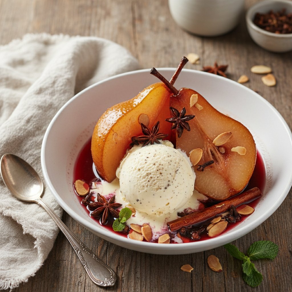 Warm Spiced Poached Pears with Vanilla Ice Cream