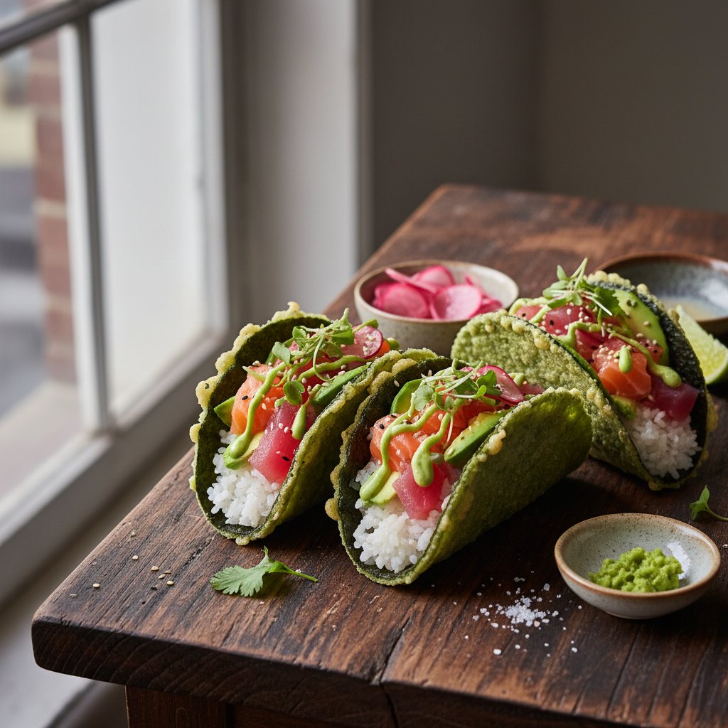 Wasabi-Infused Sushi Tacos with Yuzu-Pickled Radish