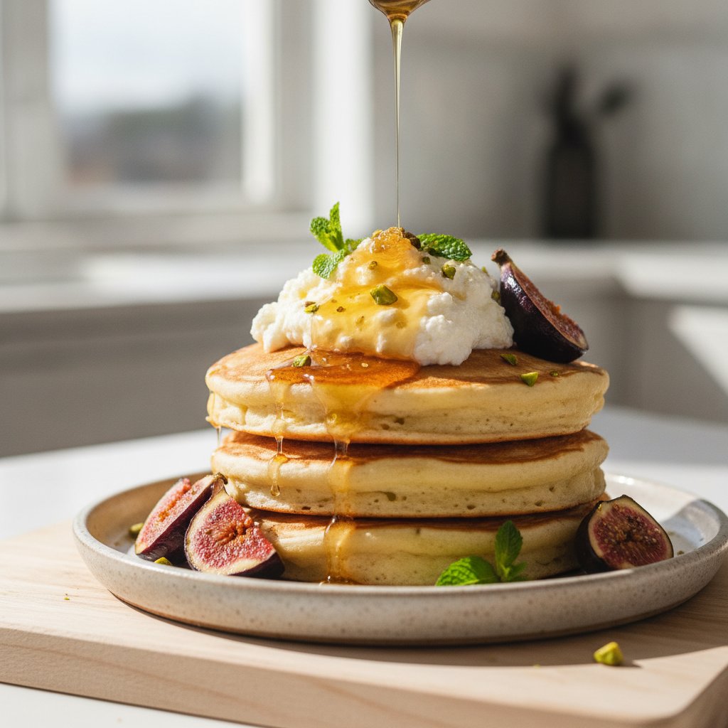 Whipped Ricotta and Honey Cloud Pancakes with Roasted Fig