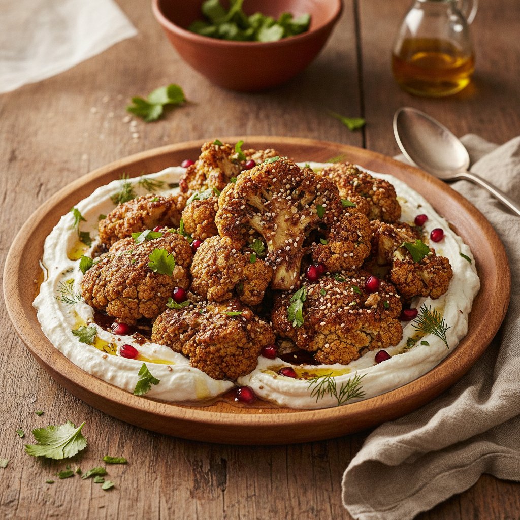 Zaatar-Spiced Roasted Cauliflower with Pomegranate Molasses and Herbed Labneh