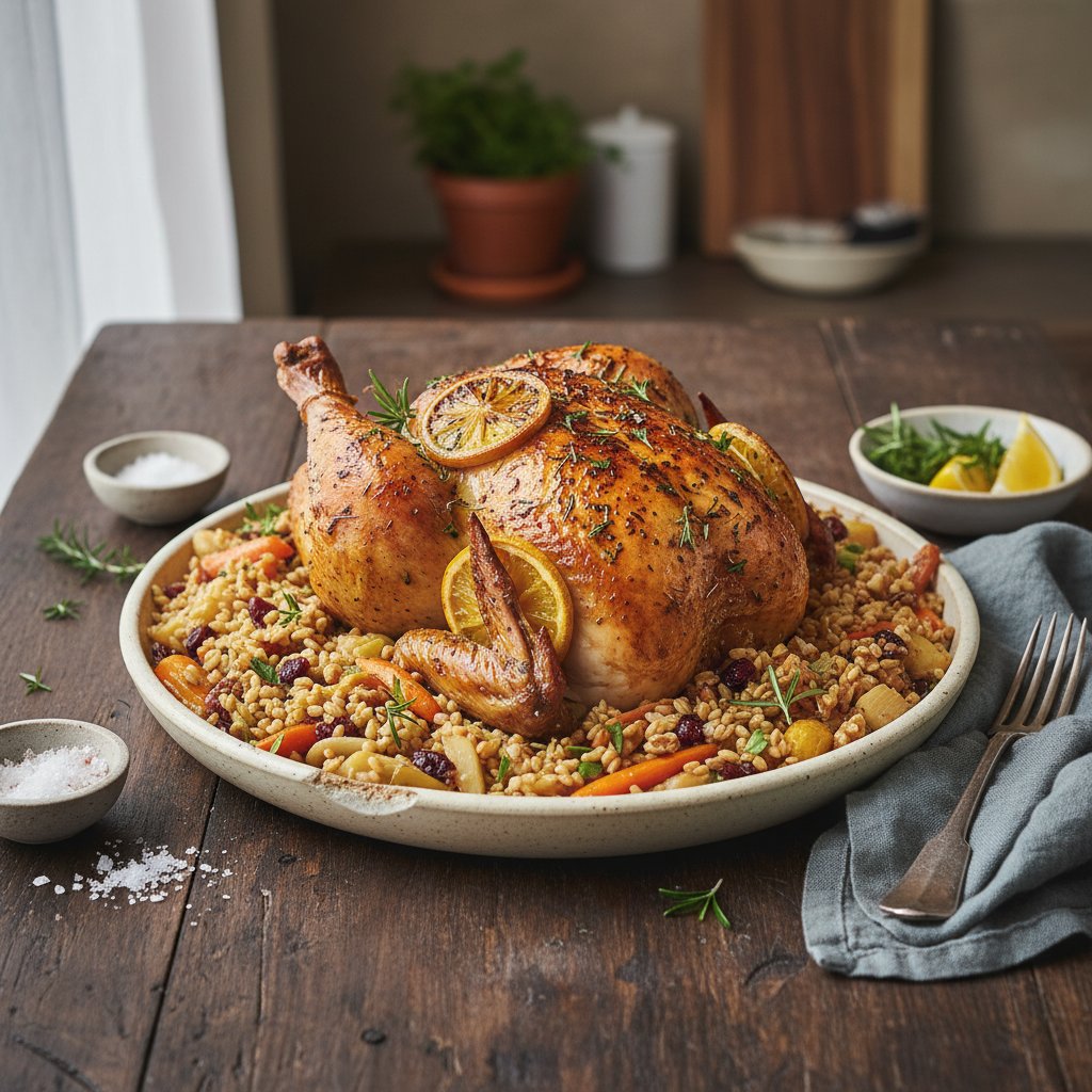 Zesty Citrus and Herb Roasted Chicken with Warm Farro Salad