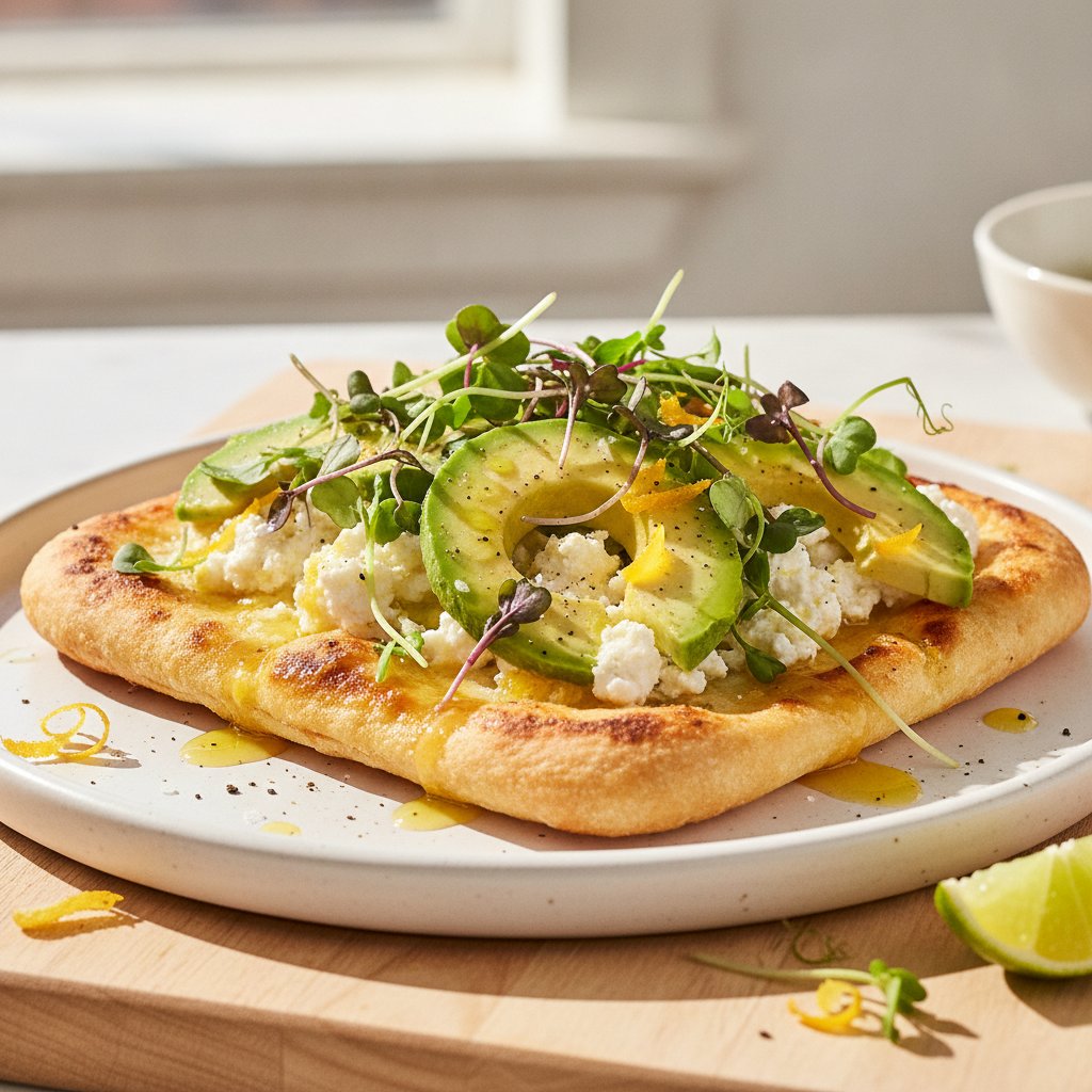 Zesty Citrus Cottage Cheese Flatbread with Avocado and Microgreens