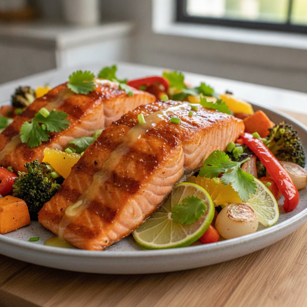 Zesty Citrus Gochujang Grilled Salmon with Roasted Vegetable Medley