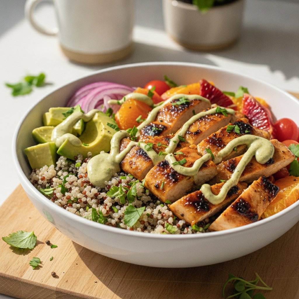 Zesty Citrus Grilled Chicken Bowl with Herbed Quinoa and Avocado Tahini Drizzle