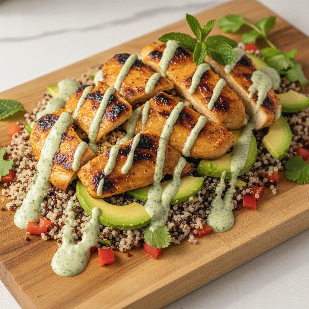 Zesty Citrus Grilled Chicken Bowl with Quinoa, Avocado, and Herb Tahini Drizzle