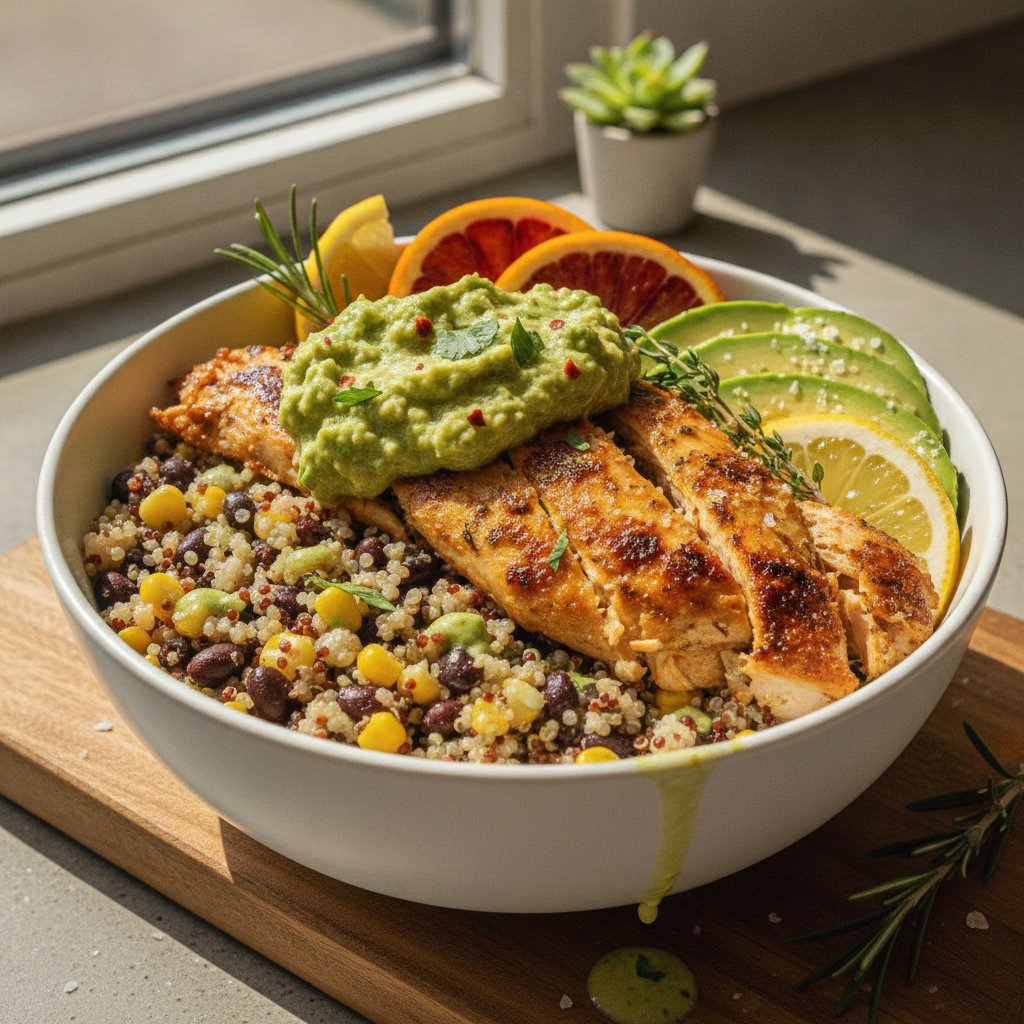 Zesty Citrus Herb Chicken Protein Bowl with Quinoa and Avocado Chimichurri