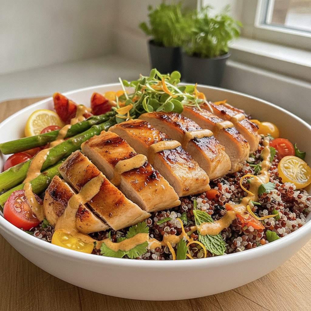 Zesty Citrus-Herb Quinoa Protein Bowl with Grilled Lemon-Honey Chicken and Spicy Tahini Drizzle
