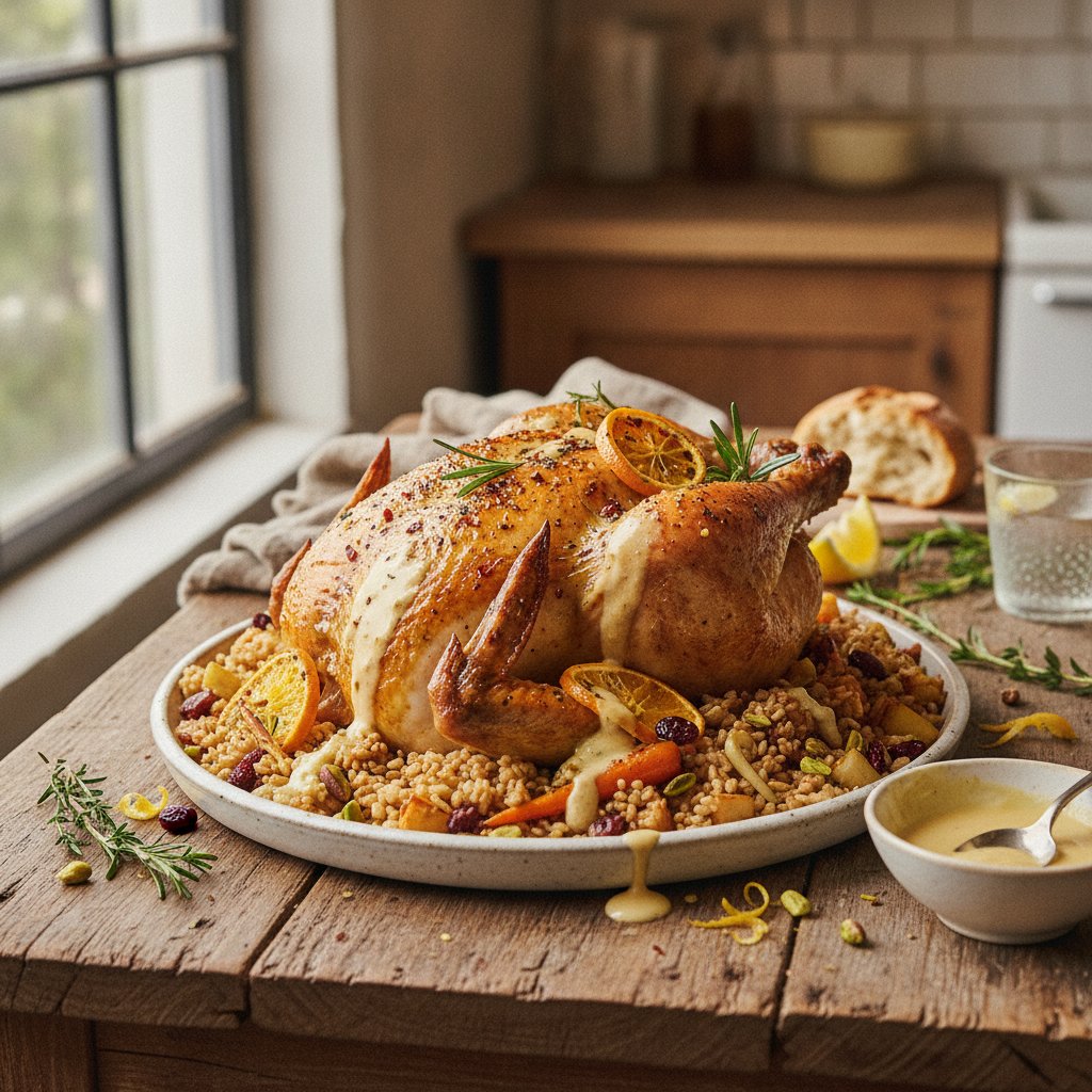 Zesty Citrus Herb Roast Chicken with Spiced Farro and Lemon Tahini Glaze