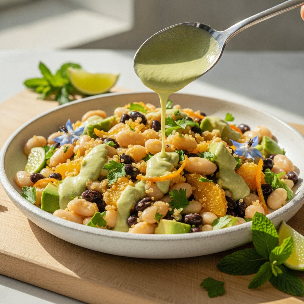 Zesty Citrus-Mint Bean Salad with Crunchy Quinoa and Avocado Vinaigrette