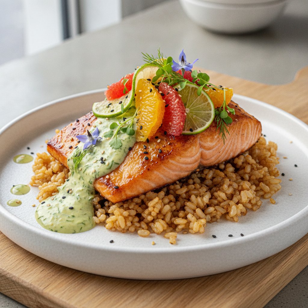 Zesty Citrus Salmon and Crispy Brown Rice Bowl with Herbed Avocado Dressing