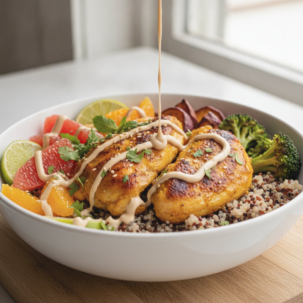 Tazón proteico de pollo con cítricos y cúrcuma, quinoa y aderezo de tahini y jengibre