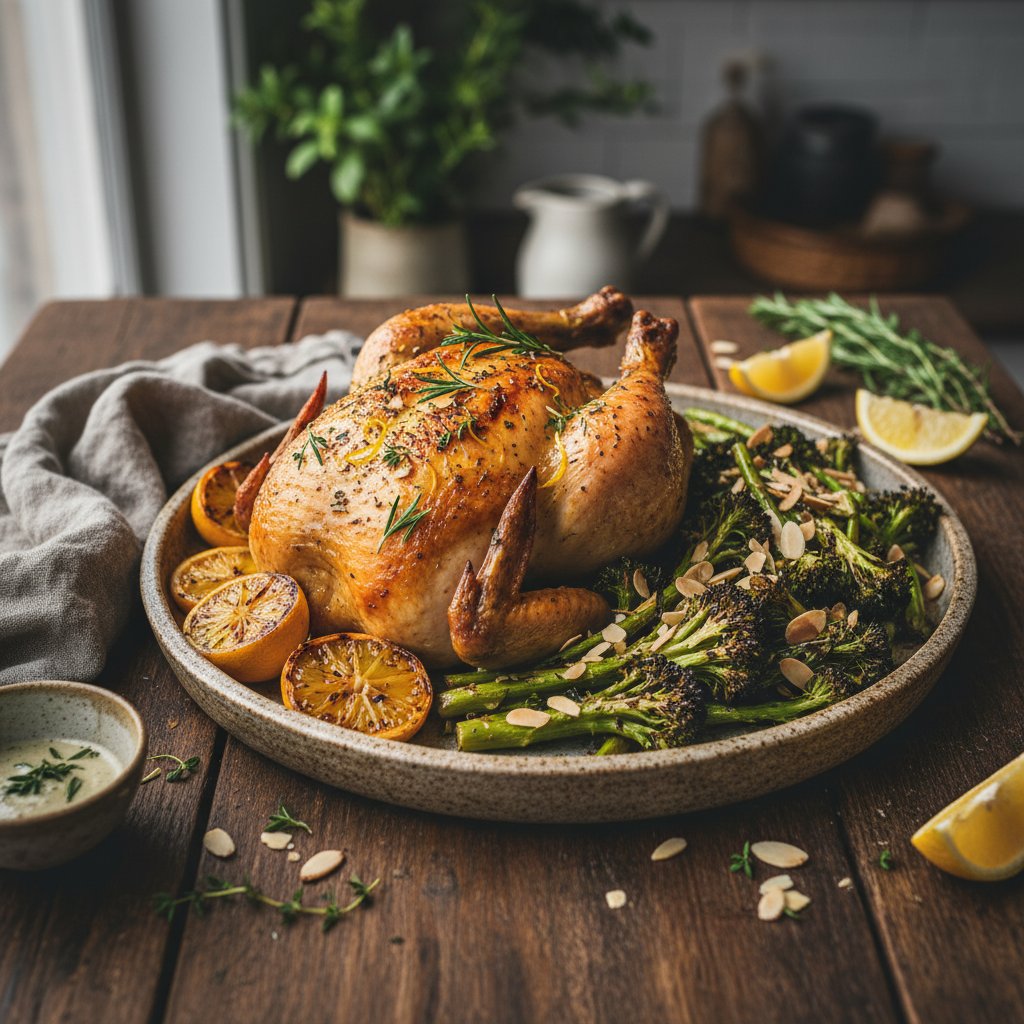 Zesty Citrusy Herb-Roasted Chicken with Charred Broccoli and Almonds