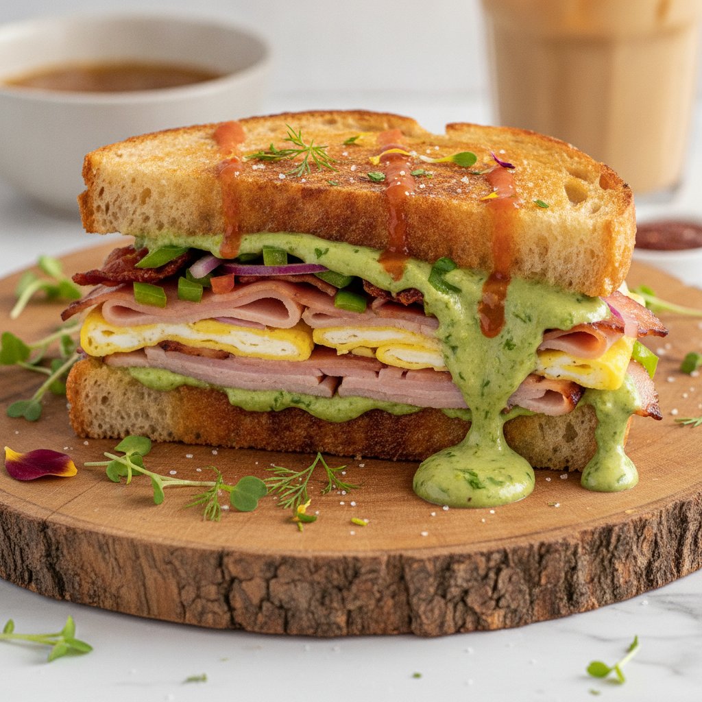Zesty Deli-Chop Breakfast Panini with Herbed Avocado Spread