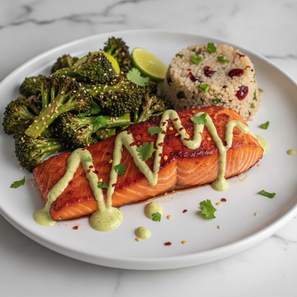 Zesty Gochujang Lime Glazed Salmon with Roasted Broccoli and Quinoa