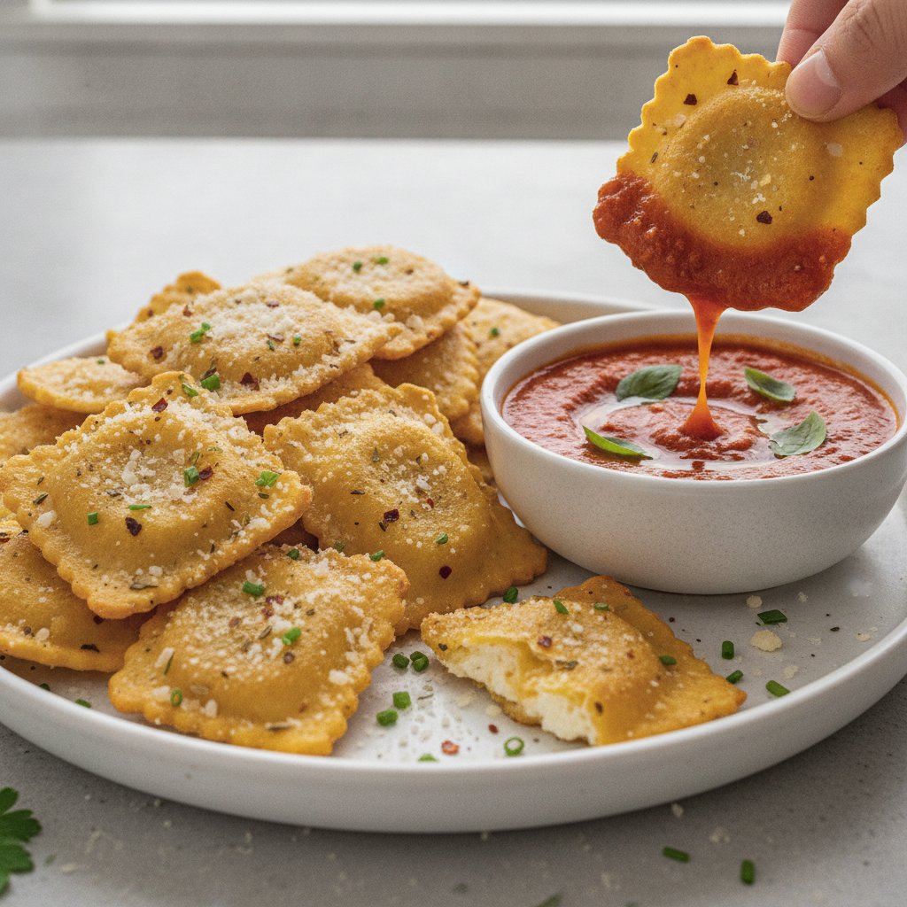 Zesty Herb-Parmesan Ravioli Chips with Fire-Roasted Tomato Dip