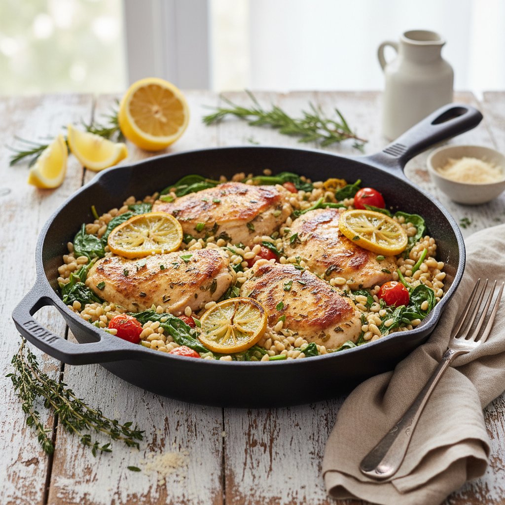 Zesty Italian Lemon Herb Chicken and Spinach Farro Skillet