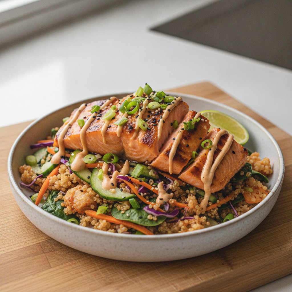 Zesty Kimchi Quinoa Bibimbap with Grilled Lime-Ginger Salmon