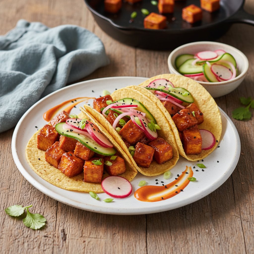 Zesty Korean BBQ Tofu Tacos with Pickled Vegetables