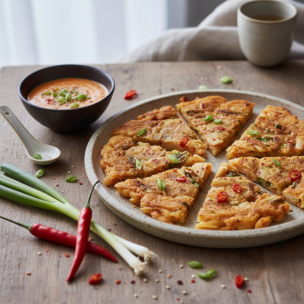 Zesty Korean Kimchi Pancakes with Scallion and Chili Dip