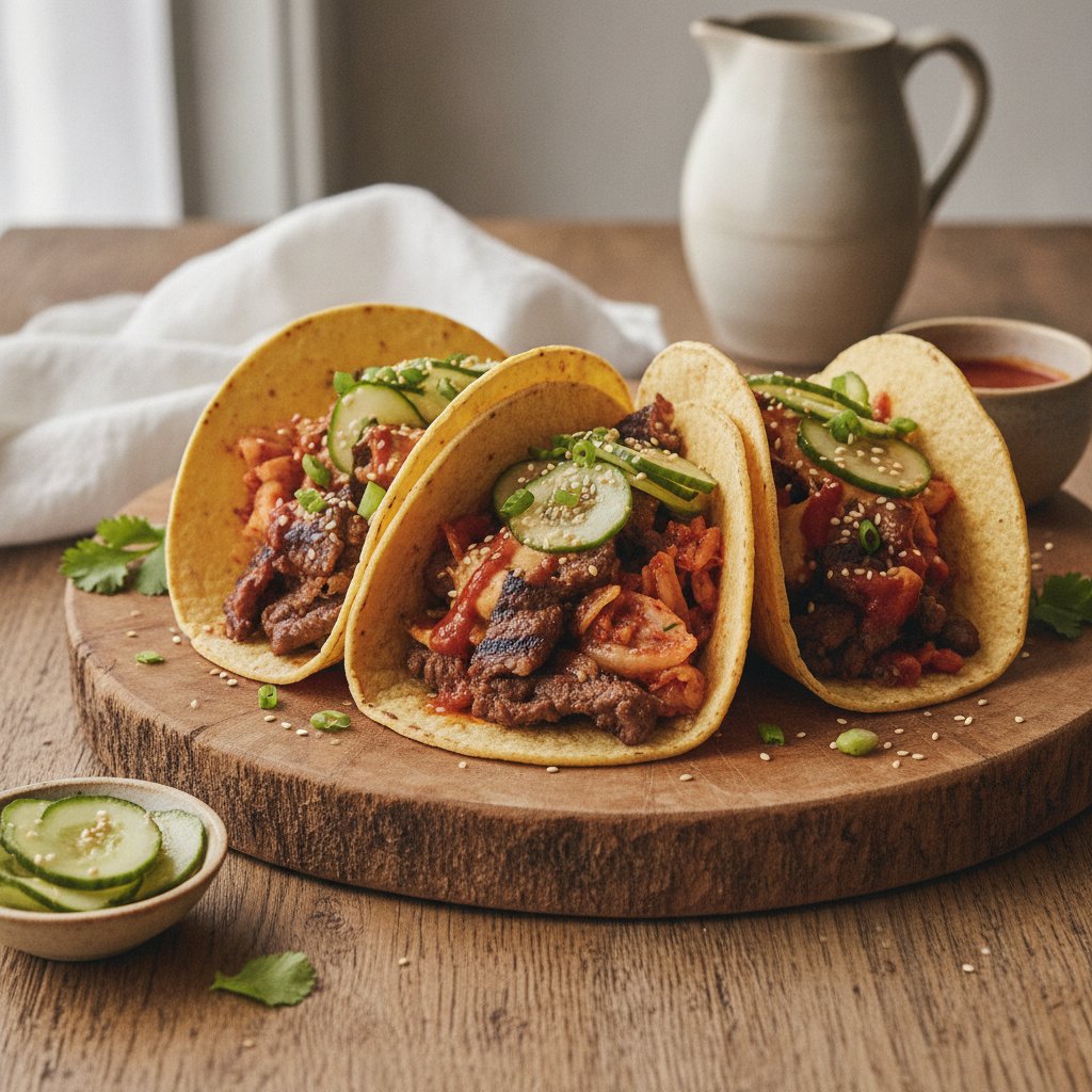 Zesty Korean Kimchi Tacos with Quick Pickled Cucumbers